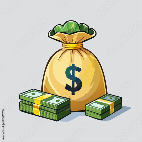 Financial Abundance: A captivating illustration showcases a bulging money bag, brimming with financial prosperity, and complemented by neatly stacked bundles of cash.