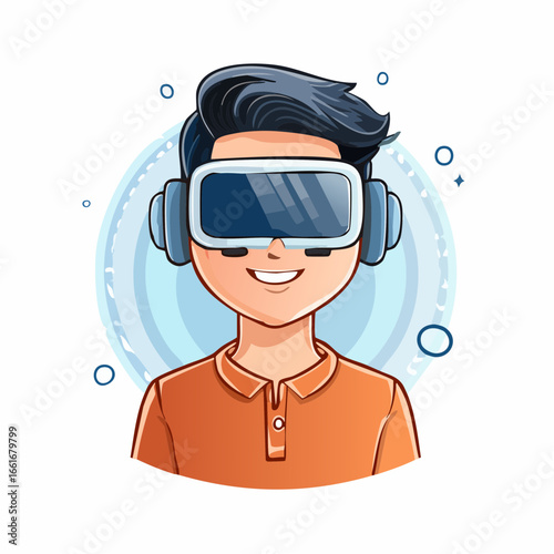 Digital Immersion: An illustration depicts a person wearing a virtual reality headset, fully immersed in the digital realm, showcasing futuristic technology and virtual experience. 