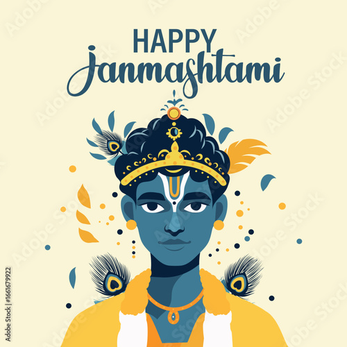 Happy Janmashtami. Vector portrait of Indian deity Krishna with peacock feather. Suitable for Janmashtami, Holi, Gita Jayanti, cultural posters, banners, cards