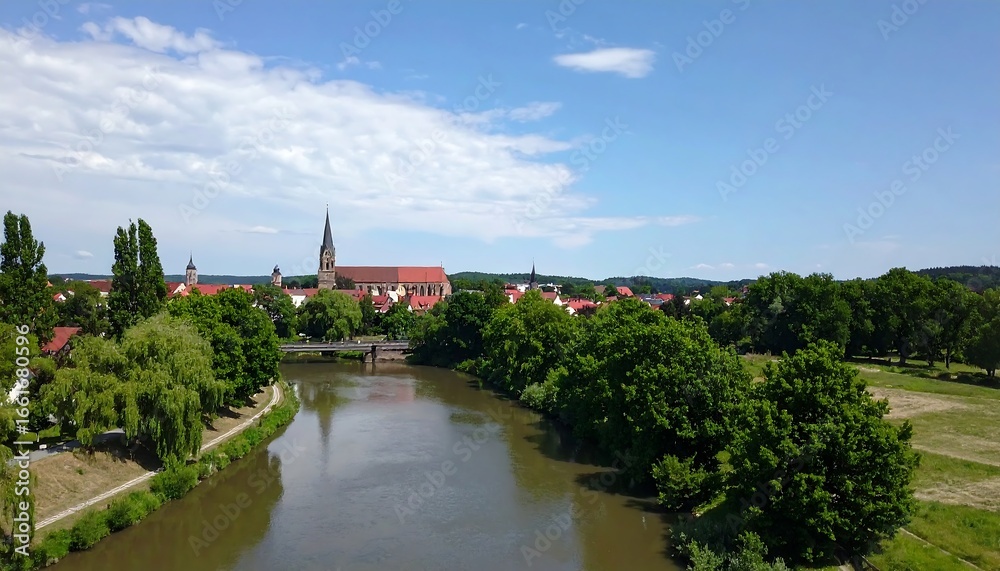 Fototapeta premium River town aerial view, summer day
