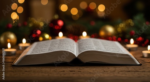 Open bible lay on a rustic wooden table with candles and Christmas decorations for christian faith