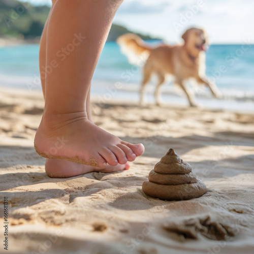 Closeup of a child's foot about to step into a dog poop on the beach. Dog in a background. Generated image
