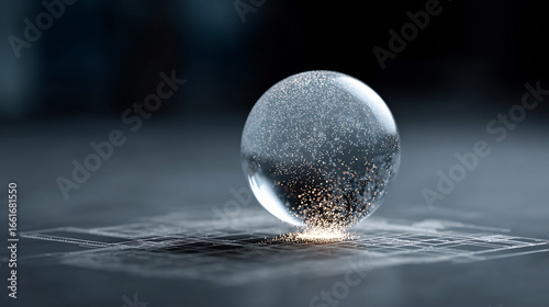 Surreal image of a translucent orb filled with metallic spheres disintegrating into smaller droplets