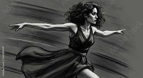 Dancing Beauty: A dynamic illustration captures a graceful dancer, enraptured in movement, gliding fluidly, evoking emotion and passion, rendered in shades of gray and dramatic lighting.