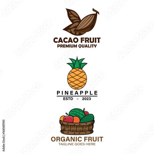 Explore **Natural Food Emblems** with premium cacao, fresh pineapple, and an organic fruit basket, ideal for healthy branding and wholesome product promotions