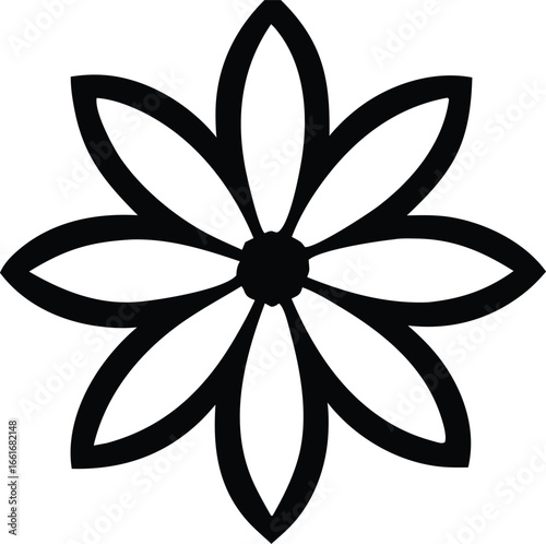 Elegant eight petal flower symbol simple black and white design represents nature beauty and growth ideal for branding and decoration