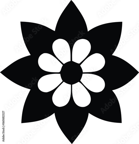 Stylized eight-petaled flower graphic black and white simple floral icon for design projects floral emblem nature symbol simple petal shape