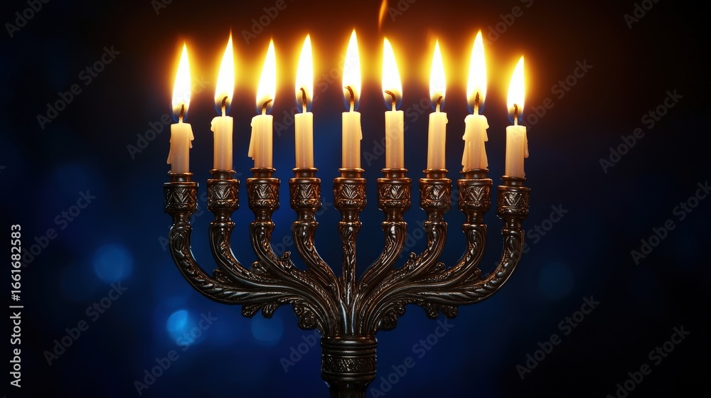 Fototapeta premium A beautifully lit menorah with multiple candles glowing, symbolizing tradition and celebration during Hanukkah.