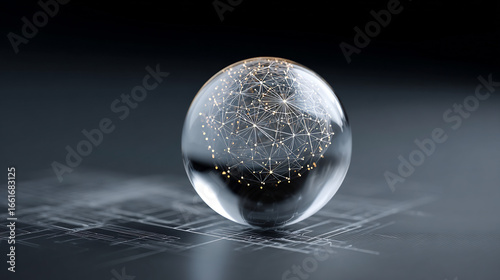 Surreal image of a translucent orb filled with metallic spheres disintegrating into smaller droplets