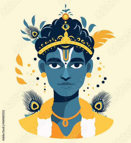 Krishna. Vector portrait abstract of young Indian deity Krishna with crown. Suitable for Janmashtami, Holi, Gita Jayanti, and also for posters, banners, cards and avatars