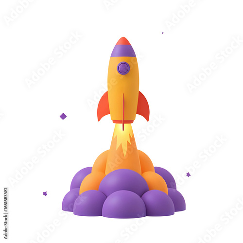 3d cartoon rocket launching with fiery exhaust and purple smoke transparent background