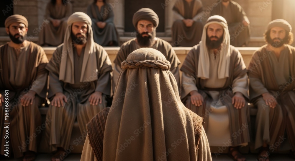 Naklejka premium A group of men in ancient biblical attire sitting and listening, seen from behind one man. Religious teaching or gathering concept.
