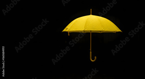 Solitary Yellow Umbrella in Darkness: A vivid yellow umbrella, standing solitary against a stark black background, creates a striking visual contrast, sparking imagination and a sense of mystery.