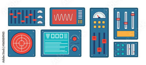 Illustrated set of colorful control panels representing various technical interfaces, including sliders, knobs, and dials, ideal for creative design projects, technology concepts.