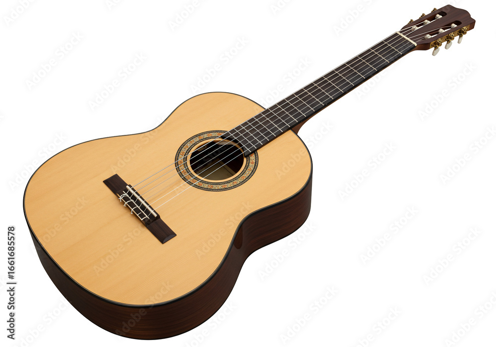 Fototapeta premium Classical guitar close up musical instrument acoustic strings wood texture music hobby studio shot isolated object high resolution image