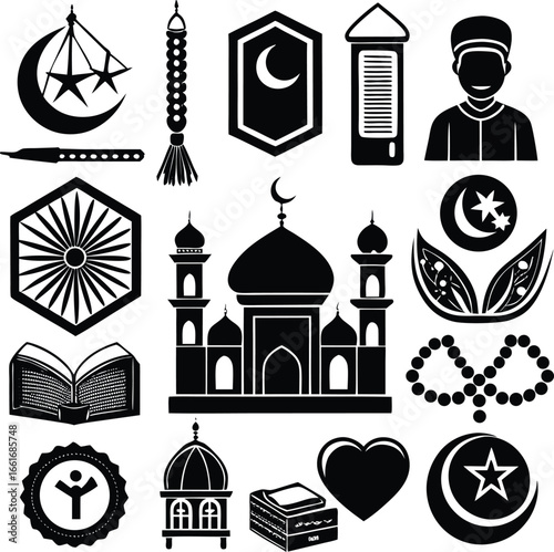 Collection of islamic icons and symbols featuring mosques stars moon prayer beads and holy books for religious and cultural use