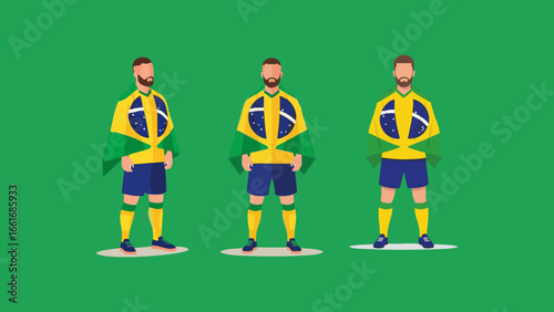 Three stylized figures wearing brazil flag inspired outfits standing on a green background field design