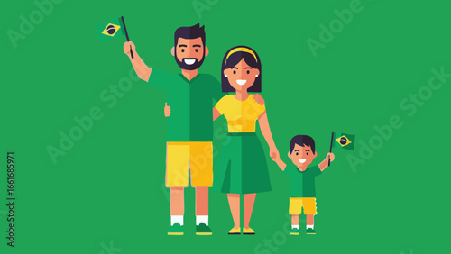 A family of three waves brazilian flags against a green background in a cartoon style image art