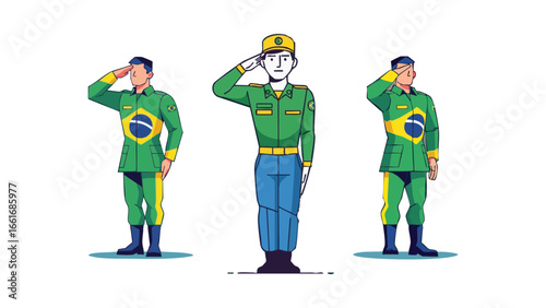 Three soldiers in uniform saluting with brazilian flag on their sleeves in a line formation pose