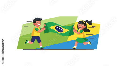 Two children running and holding a brazil flag with green and yellow background in a cartoon style