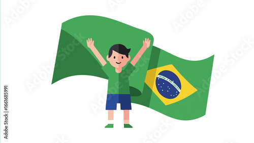 Illustration of a person holding a large waving flag of brazil with arms raised in celebration and support