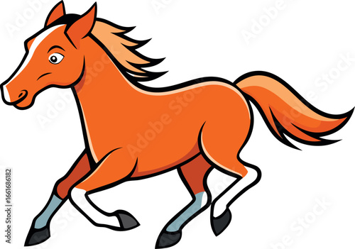A Happy Brown Horse Galloping Gracefully Across a White Background Showing its Powerful Legs and Mane