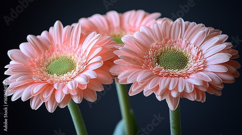Soft-Focus Pink Gerbera Daisies Macro: Dark Gray Background Blooming Petals Detail
