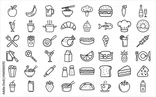 Collection of hand drawn food and drink icons in a grid pattern