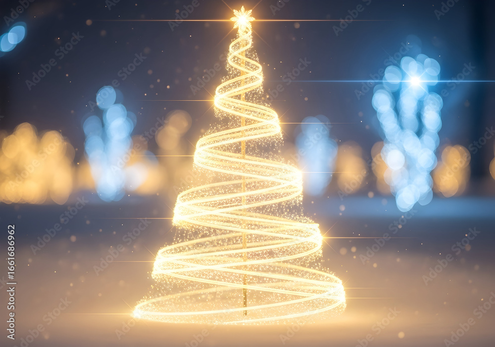 Obraz premium Glowing Golden Spiral Christmas Tree with Bokeh Lights in Snowy Night image photo