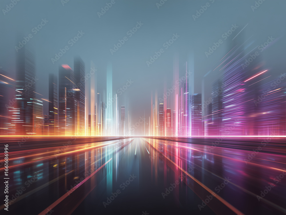 Fototapeta premium ネオンが輝く未来都市と光の軌跡が描くサイバーパンク風景 高層ビルが光を放つ近未来の都市とモーションエフェクト