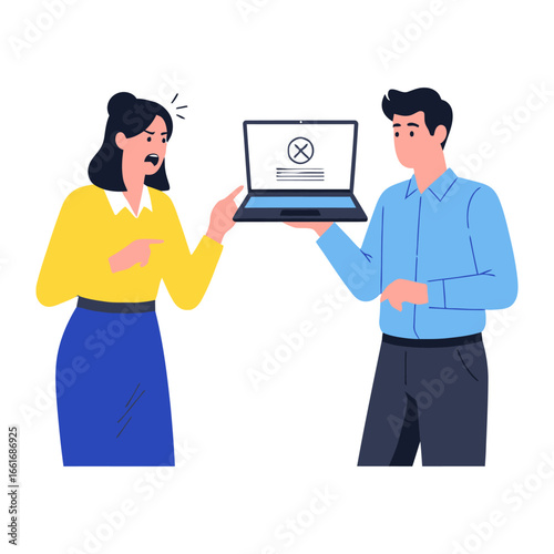 Frustrated Tech Support: A digital illustration captures the frustration of a tech support interaction, with a person pointing at a laptop displaying an error message.