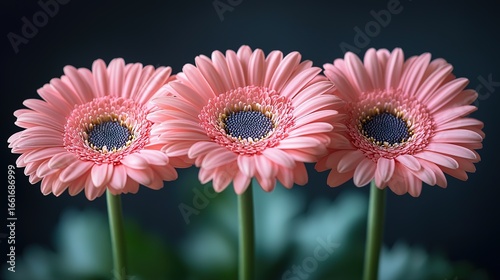 Soft-Focus Pink Gerbera Daisies Macro: Dark Gray Background Blooming Petals Detail
