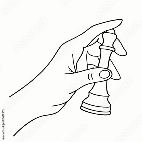Hand holding a chess pawn piece, black and white line illustration symbolizing strategy, planning, decision making and intellectual competition.