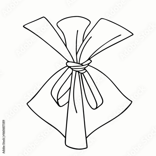 Outline of a white and gold wrapped gift tied with a ribbon, isolated on white background. Minimal vector for celebration and holiday designs.