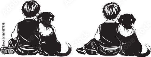 Minimalist black and white child and dog icons – heartwarming silhouette of seated companionship with arm around loyal pet.