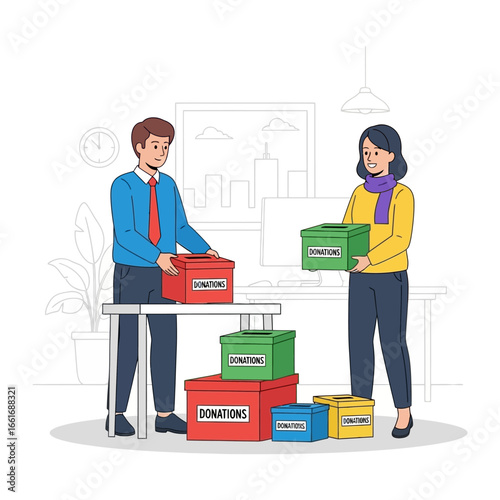 Supporting The Community: Two individuals work together, organizing boxes marked DONATIONS, symbolizing their dedication to helping others, and fostering compassion through collaborative efforts.