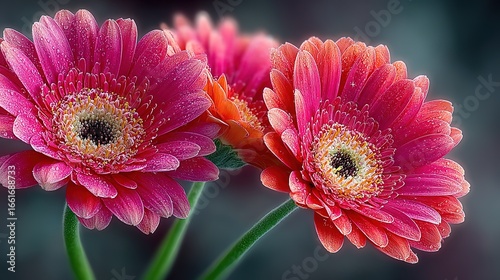 Soft-Focus Pink Gerbera Daisies Macro: Dark Gray Background Blooming Petals Detail
