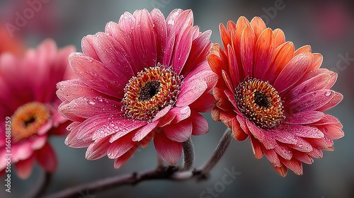 Soft-Focus Pink Gerbera Daisies Macro: Dark Gray Background Blooming Petals Detail
