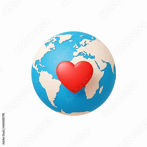 A vibrant red heart symbolizing love and unity placed on a stylized globe of planet Earth against a white background