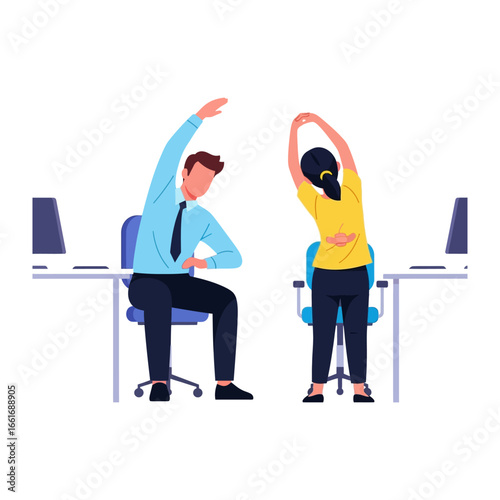 Office Exercise: A modern vector illustration of two individuals stretching at their desk, embracing a wellness-focused lifestyle