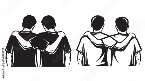 Minimalist black and white friend silhouette – emotional companionship icon in bold line-art style.