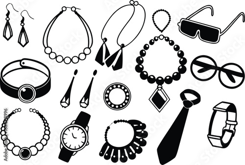 Vector art of collection of fashion accessories including jewelry, watches, sunglasses, and ties.