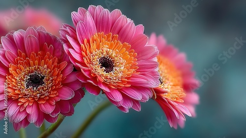 Soft-Focus Pink Gerbera Daisies Macro: Dark Gray Background Blooming Petals Detail
