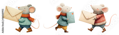 Set of cute watercolor mice in winter clothes. Cute mouse in sweater and scarf carrying envelope with letter. Christmas winter cartoon characters. Concept of sending letter to Santa.
