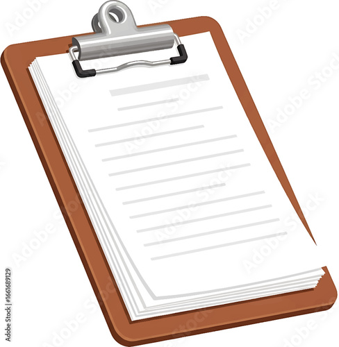 A detailed vector illustration of a classic brown clipboard holding a stack of papers with text, representing tasks, reports, and organization