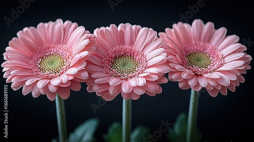 Soft-Focus Pink Gerbera Daisies Macro: Dark Gray Background Blooming Petals Detail
