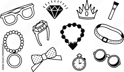 Vector art of assortment of fashion accessories including sunglasses, jewelry, and makeup brush.