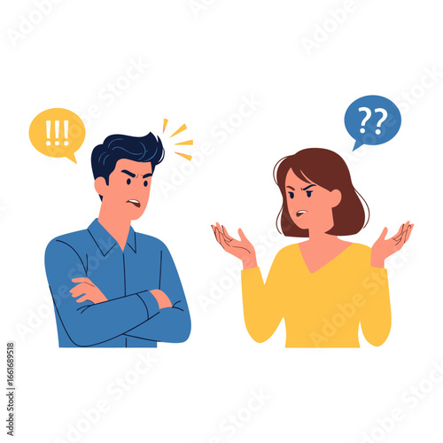Disagreement in the Air: A tense visual, two individuals locked in a heated disagreement. A man stands, arms crossed, brow furrowed. The woman confronts him, unsure.