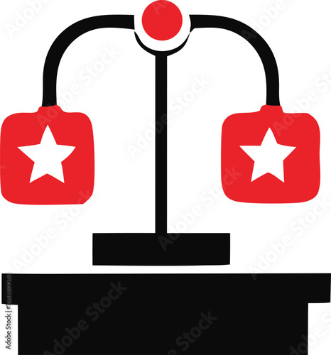 Symbolic scales of justice representing balance and fairness with red square pans and white stars on a support structure