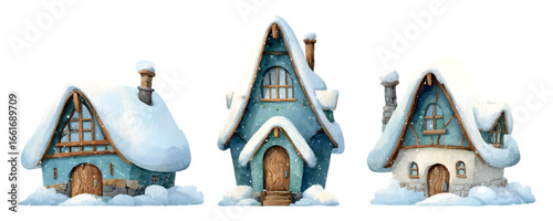 Watercolor set of snowy houses. Cute village houses with chimneys covered with winter sleighs. Fairytale winter houses made of wood and stone. Winter elements. Vector illustration.